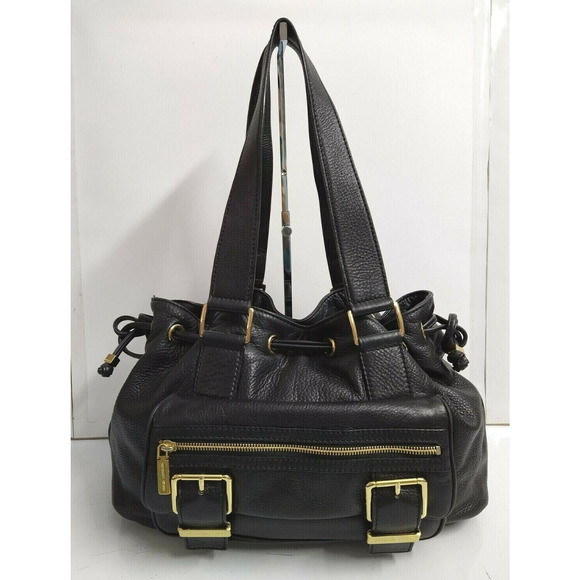 Michael Kors Black Leather Zipper Front Pockets Drawstring Closure Shoulder Bag - Picture 1 of 12